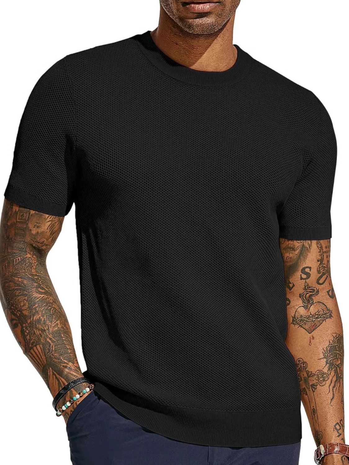 Men's plus size black open-knit mesh crew neck tee with ribbed cuff