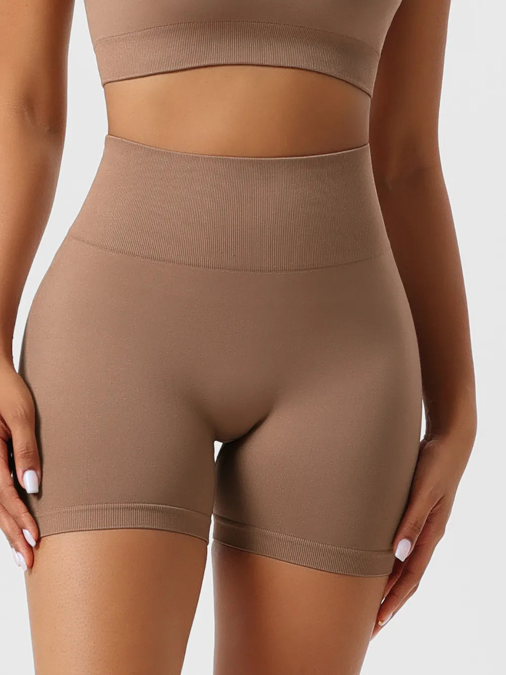 High Waist Shaping Shorts - Front view Camel