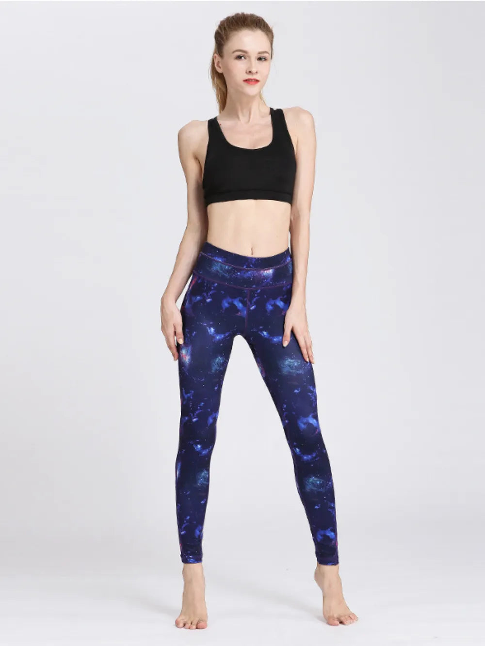 Printed Active High Waist Leggings - Navy - Front