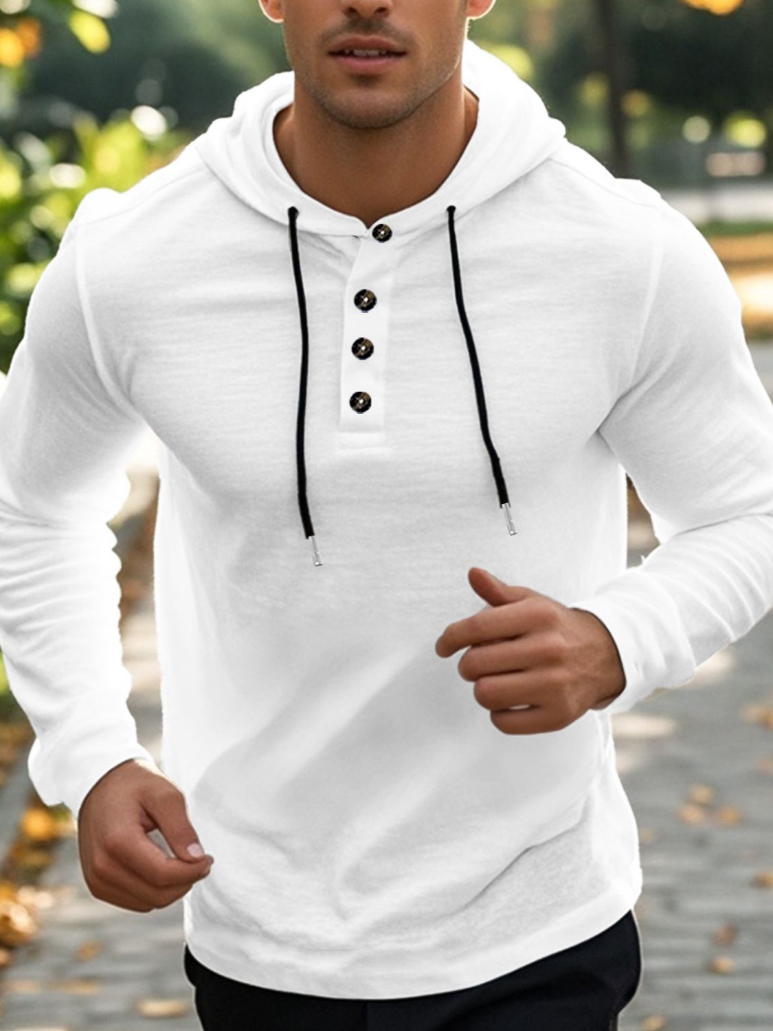 Men's Linen-Blend Button Henley Hoodie white front view
