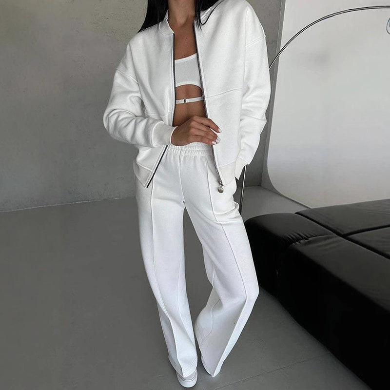Women's white 2-piece zip-up sweatsuit set — wide-leg sweatpants and jacket 