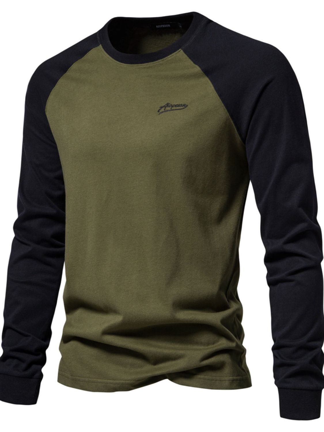 Men's Contrast Raglan Color-Block Sweatshirt army green side chest view 