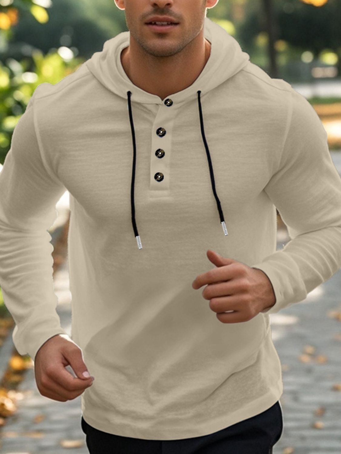Men's Linen-Blend Button Henley khaki Hoodie jogging view