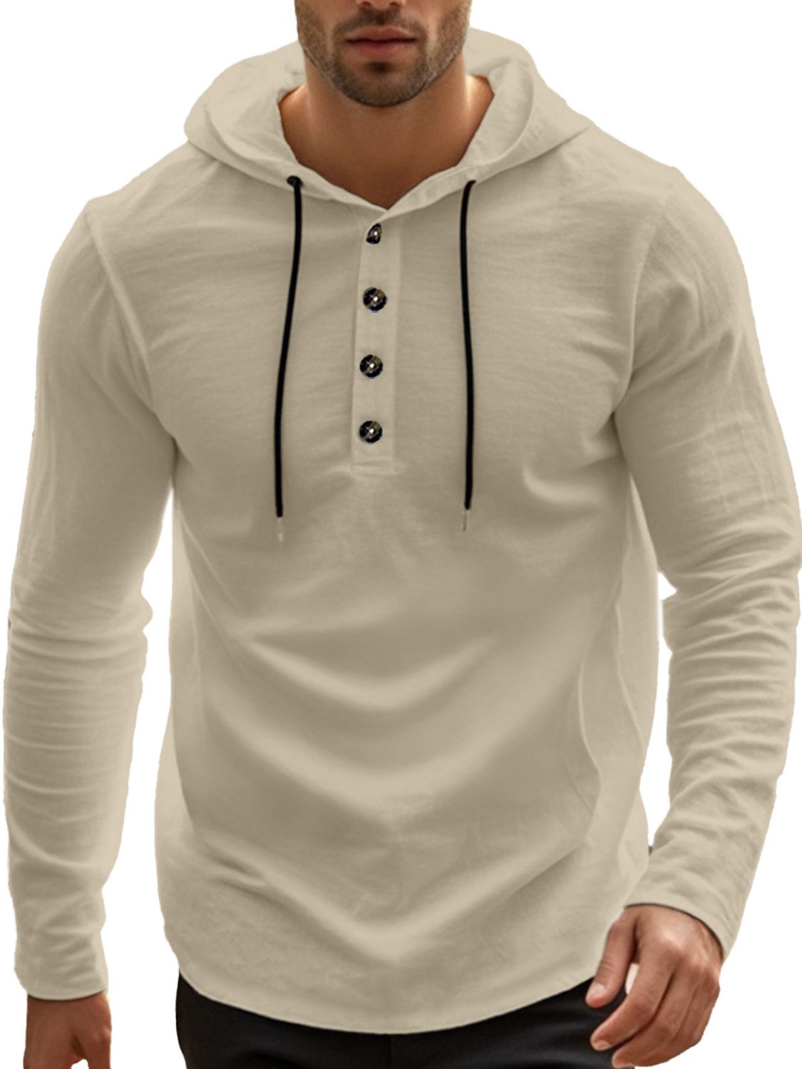 Men's Linen-Blend Button Henley Hoodie khaki 