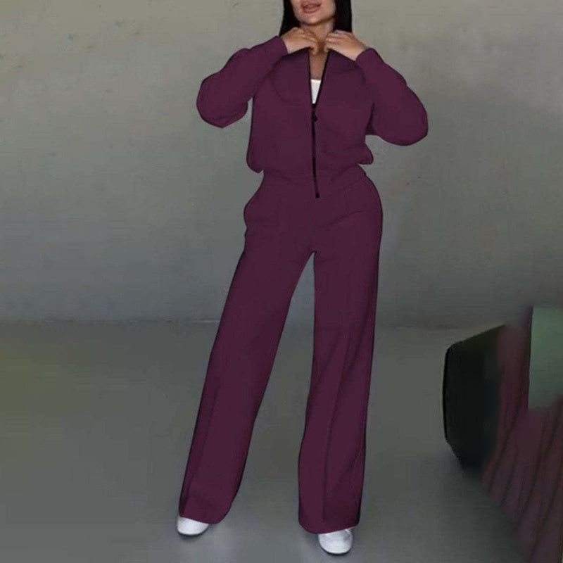 Women's fuchsia 2-piece zip-up sweatsuit set — wide-leg sweatpants and jacket