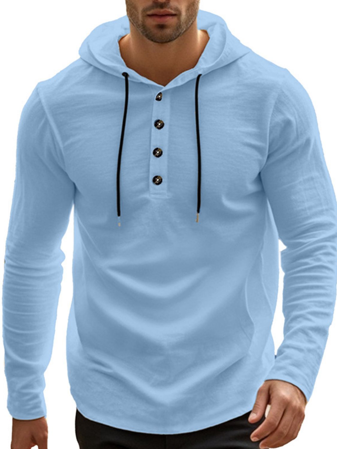 Men's Linen-Blend Button Henley Hoodie light blue