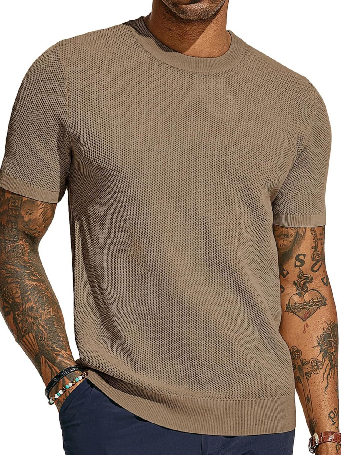 Men's plus size taupe open-knit mesh crew neck tee with ribbed cuffs