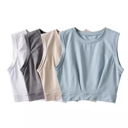 Women's Crop Yoga Vest — High Waist, Loose Fit - White - Grey - Apricot - Blue 