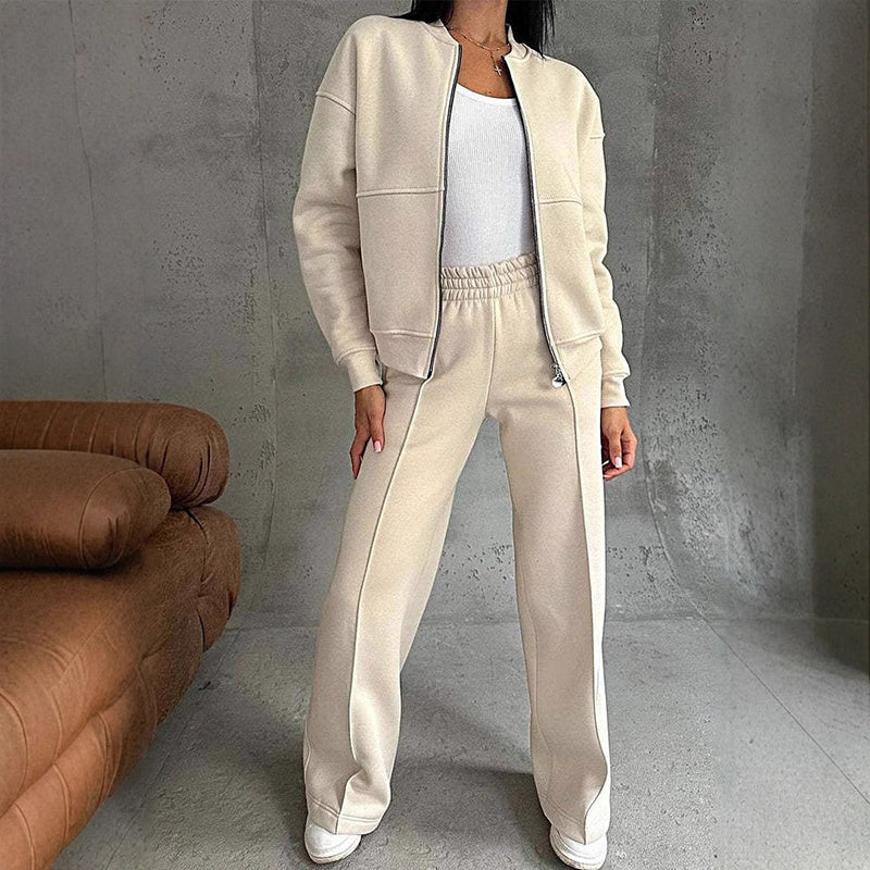 Women's beige 2-piece zip-up sweatsuit set — wide-leg sweatpants and jacket