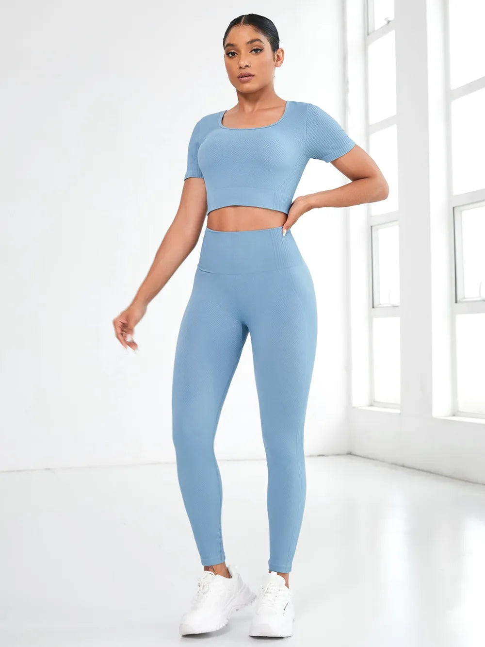 Women's Short Sleeve Crop Top & Leggings Set - Front view