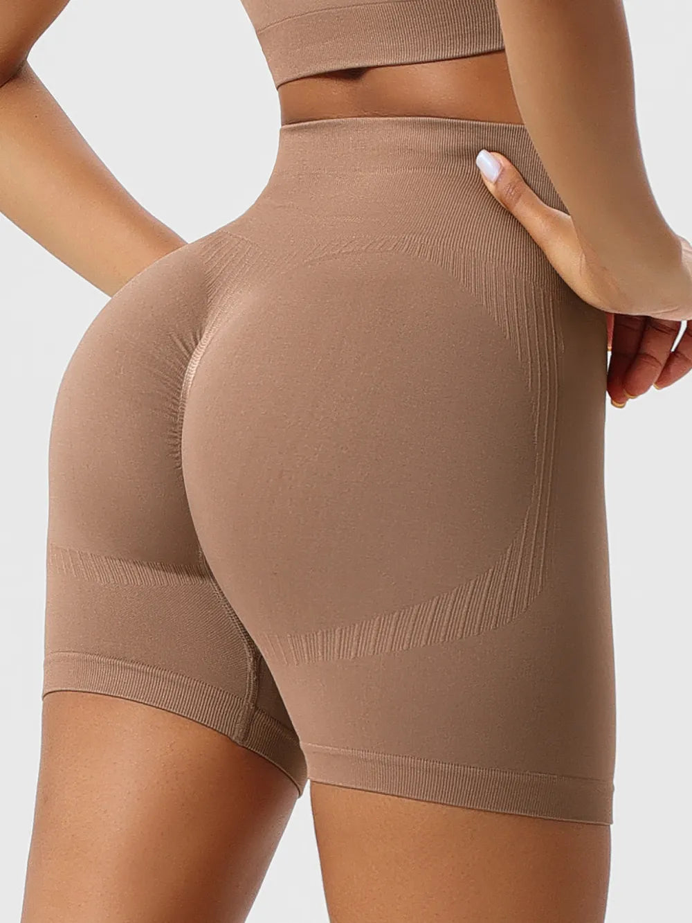 High Waist Shaping Shorts - Side Back View  - Camel