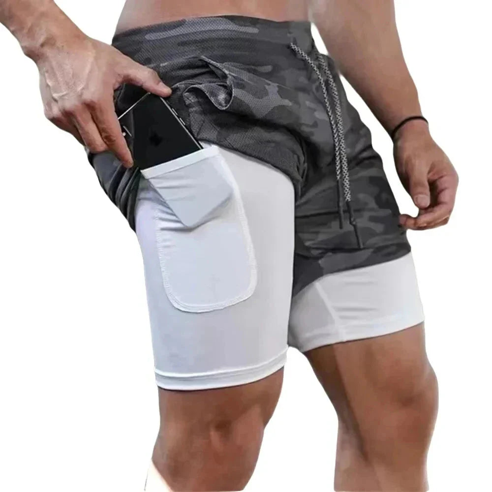 Men’s 2-in-1 Camo Running Shorts — Quick-Dry Gym Fitness Training Shorts with Inner Compression Layer for Summer Workouts