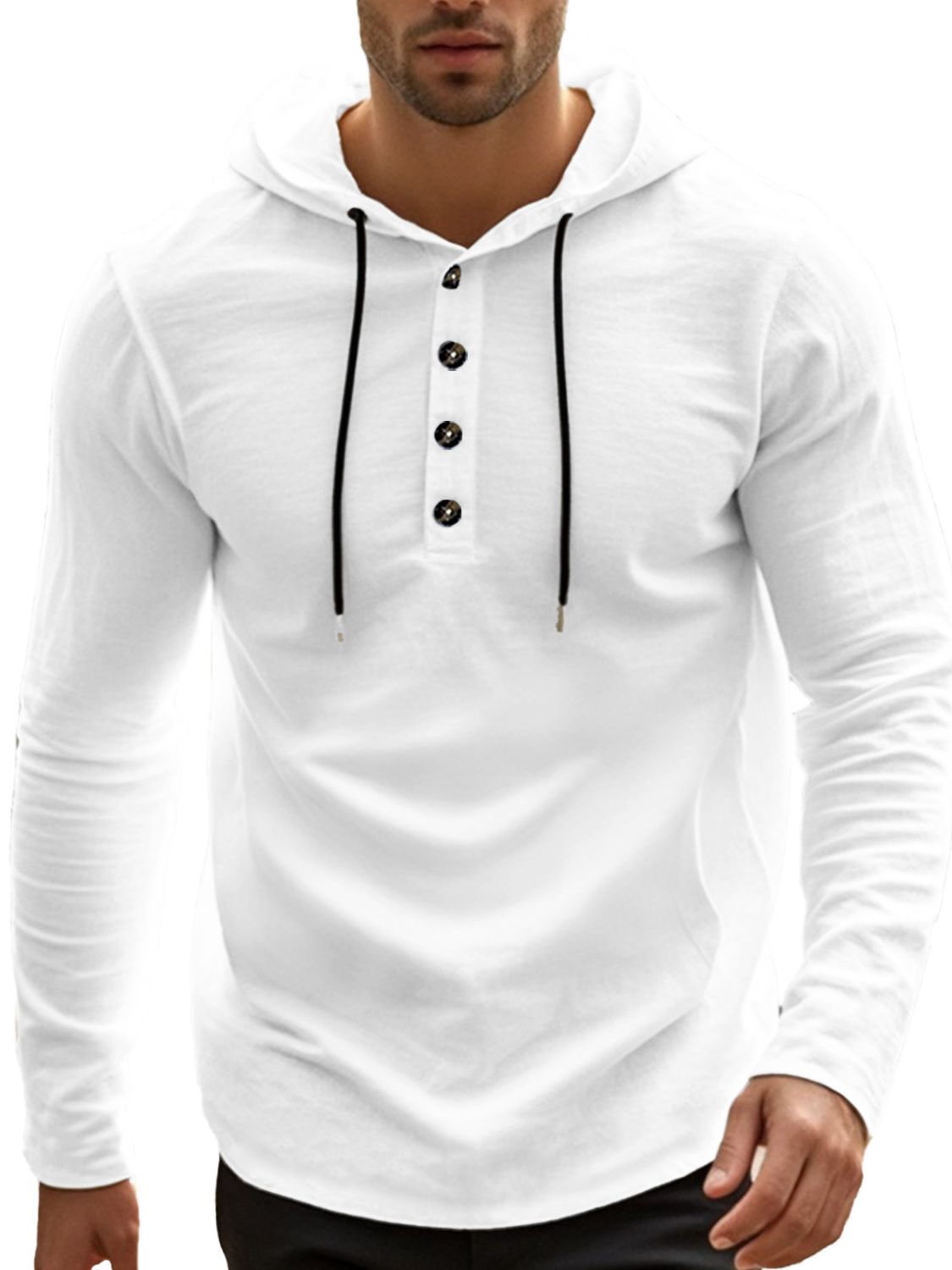 Men's Linen-Blend Button Henley Hoodie white