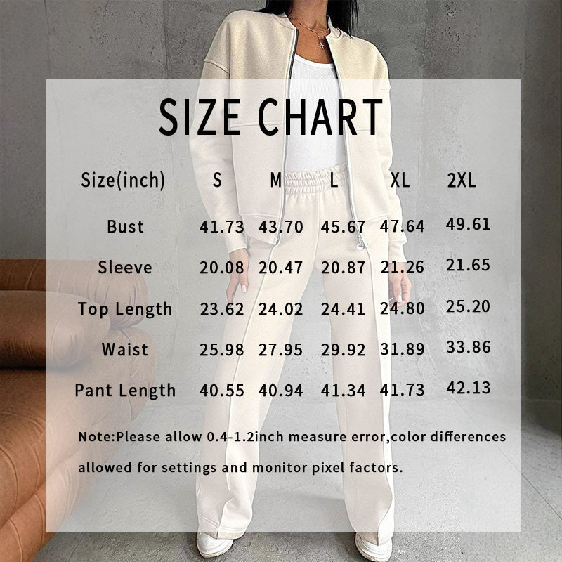 Women's beige 2-piece zip-up sweatsuit set — wide-leg sweatpants and jacket - Size chart