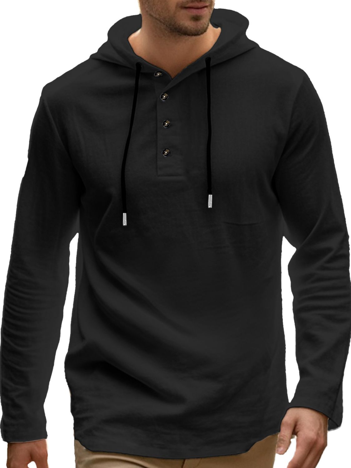 Men's Linen-Blend Button Henley Hoodie black