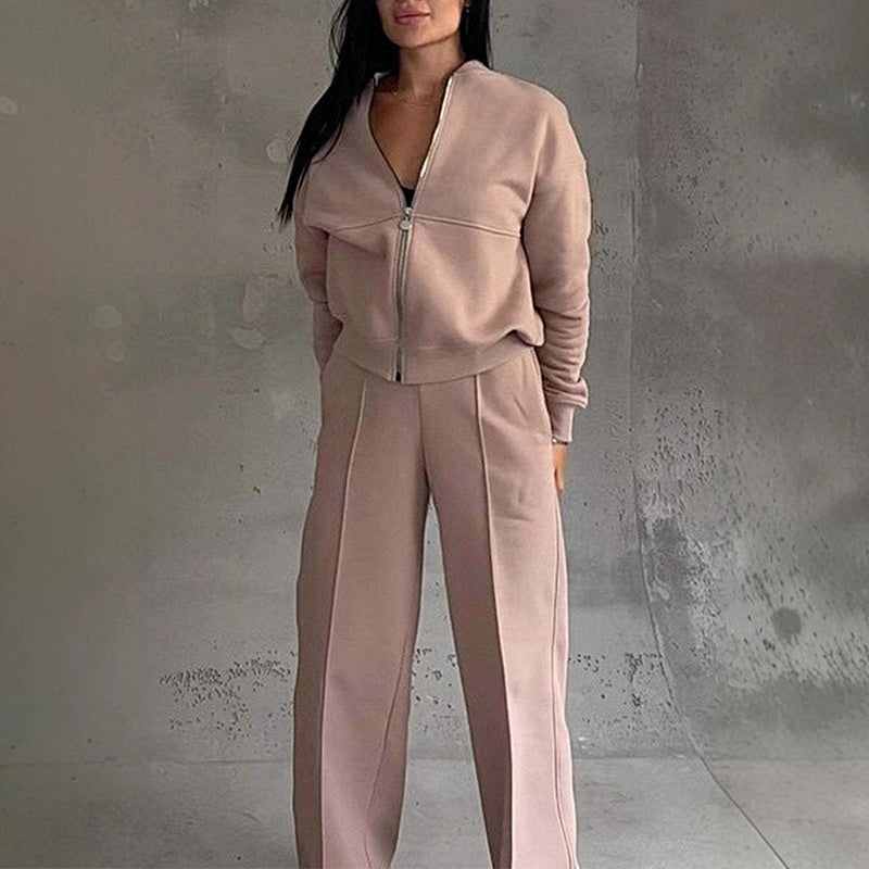 Women's pink 2-piece zip-up sweatsuit set — wide-leg sweatpants and jacket 