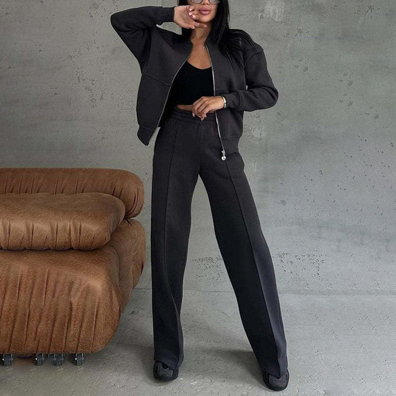 Women's black 2-piece zip-up sweatsuit set — wide-leg sweatpants and jacket - Black
