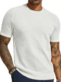 Men's plus size white open-knit mesh crew neck tee with ribbed cuffs