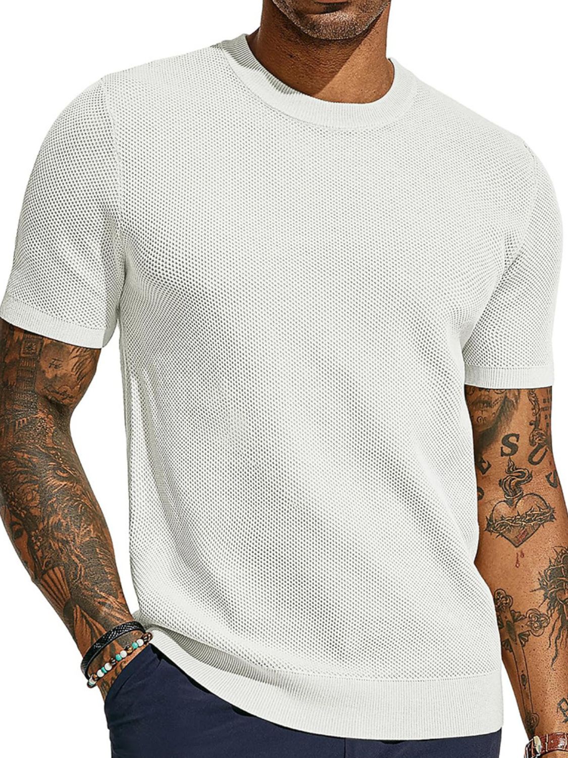Men's plus size white open-knit mesh crew neck tee with ribbed cuffs