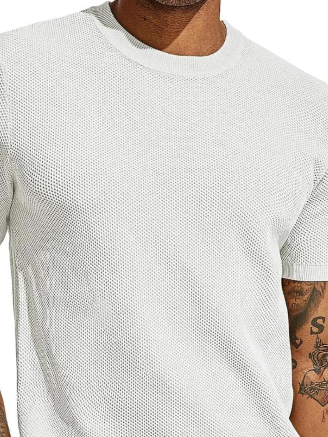 Men's plus size white open-knit mesh crew neck tee with ribbed cuffs - up close