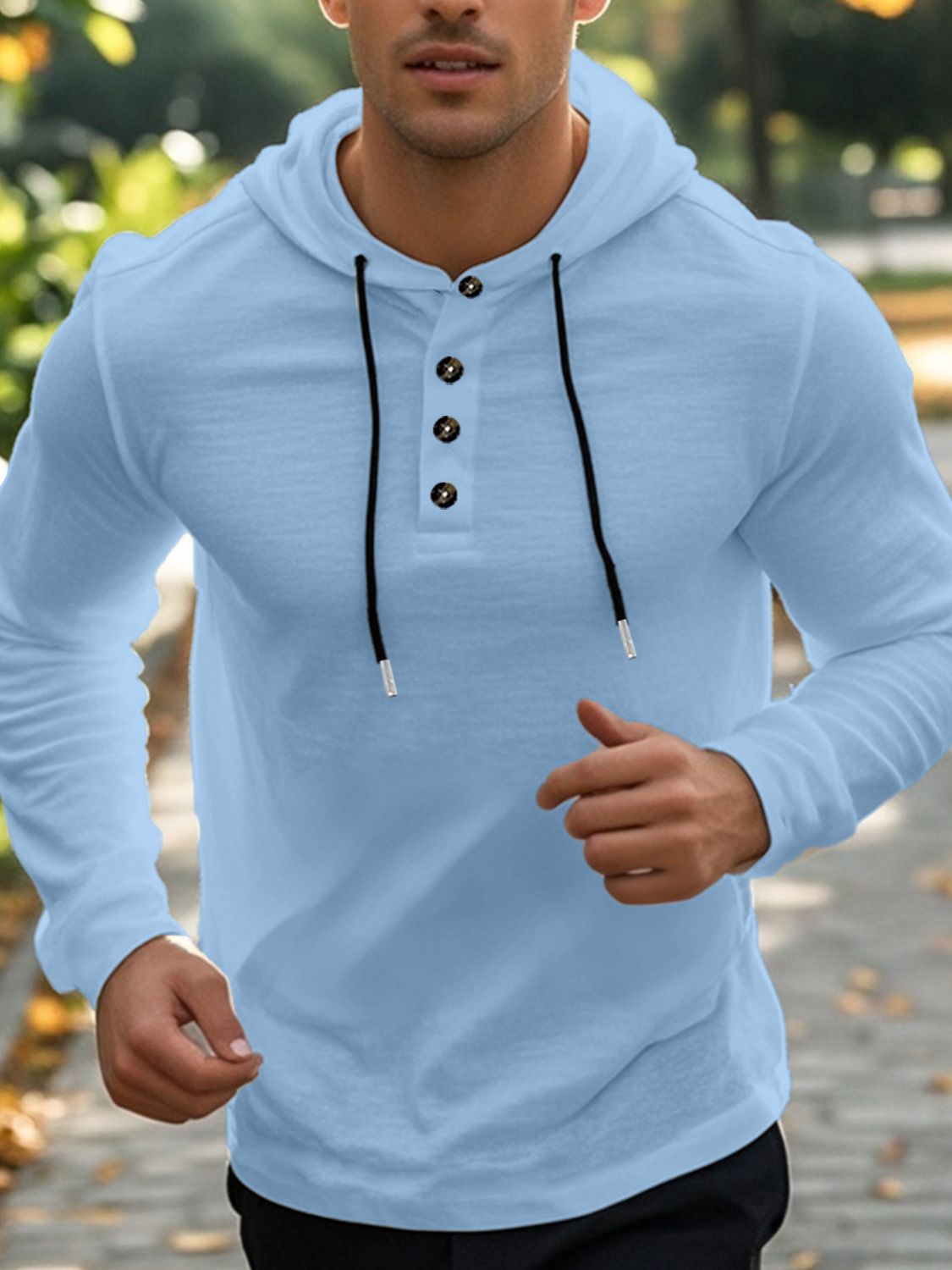 Men's Linen-Blend Button Henley blue Hoodie runners view