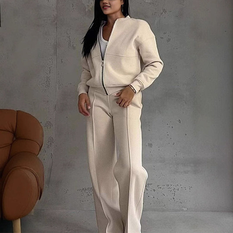 Women's beige 2-piece zip-up sweatsuit set — wide-leg sweatpants and jacket - Front