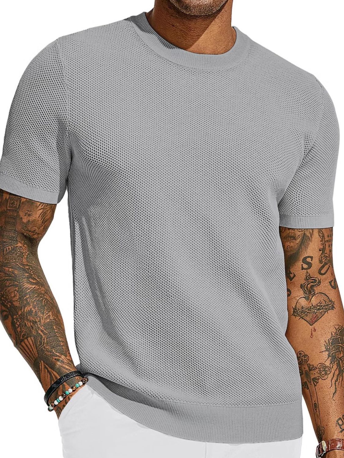 Men's plus size gray open-knit mesh crew neck tee with ribbed cuffs