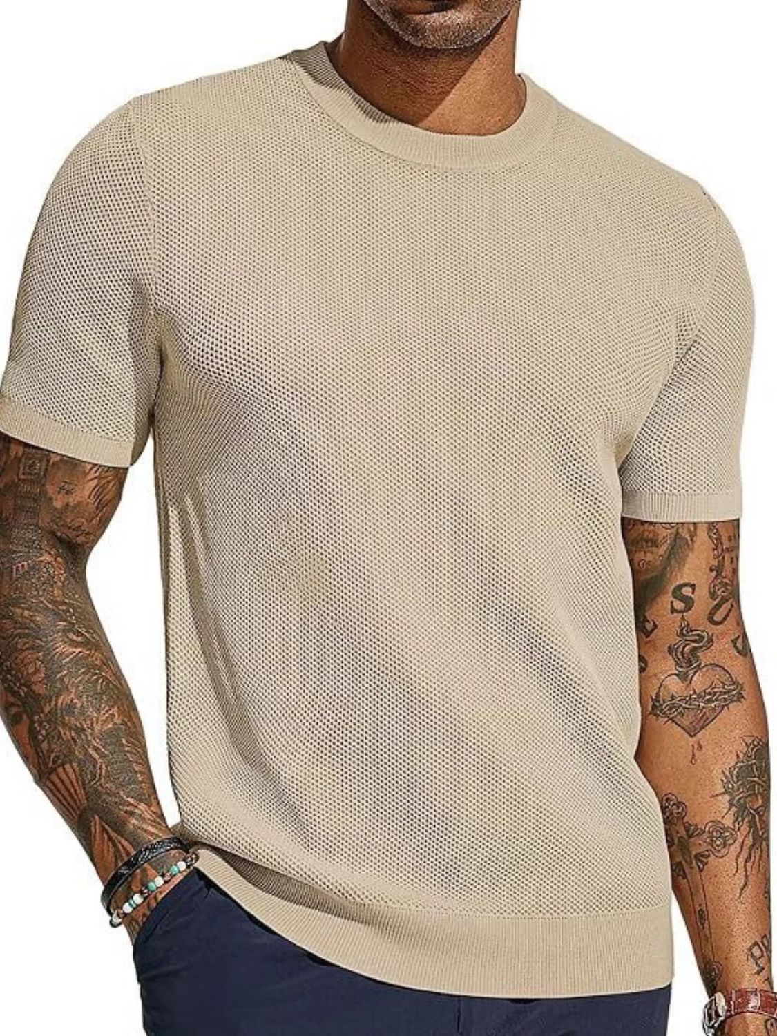 Men's plus size khaki open-knit mesh crew neck tee with ribbed cuffs