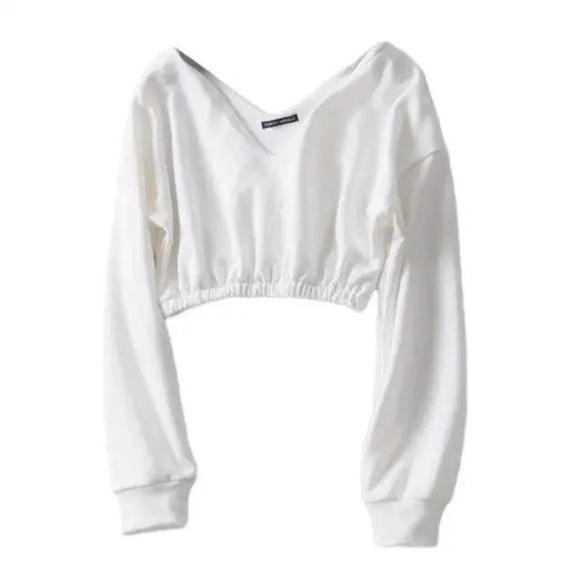 Women's white V-neck crop sweatshirt with drop shoulders — relaxed crop fit