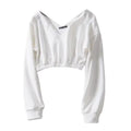 Women's white V-neck crop sweatshirt with drop shoulders — relaxed crop fit