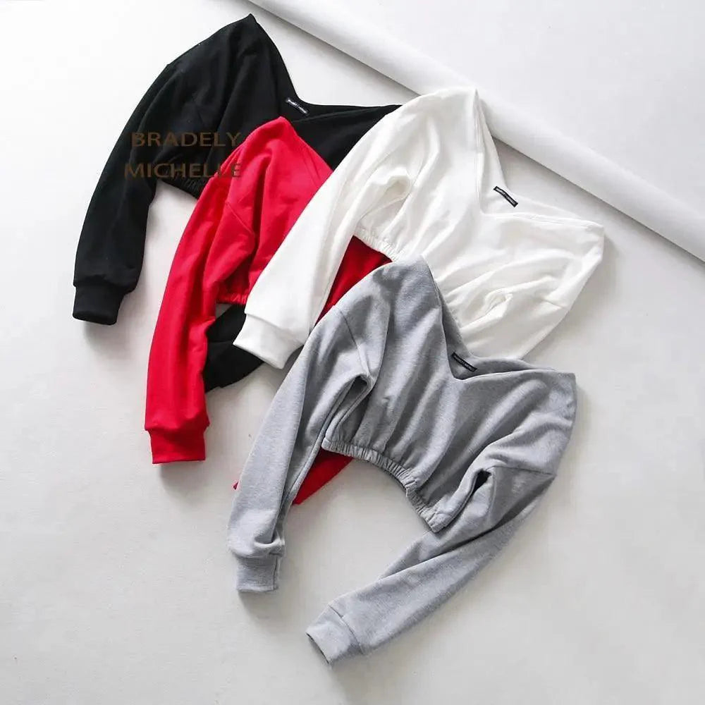 Women's V-Neck Crop Sweatshirt — Drop Shoulder Pullover