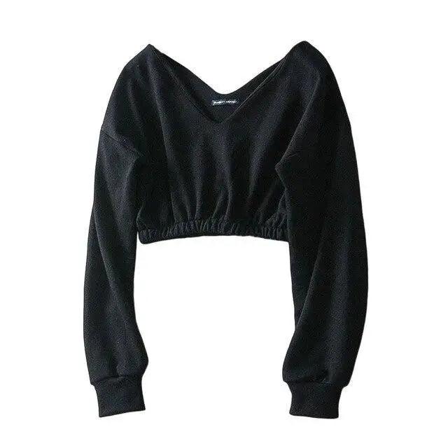 Women's black V-neck crop sweatshirt with drop shoulders — relaxed crop fit