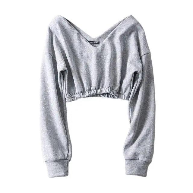 Women's gray V-neck crop sweatshirt with drop shoulders — relaxed crop fit